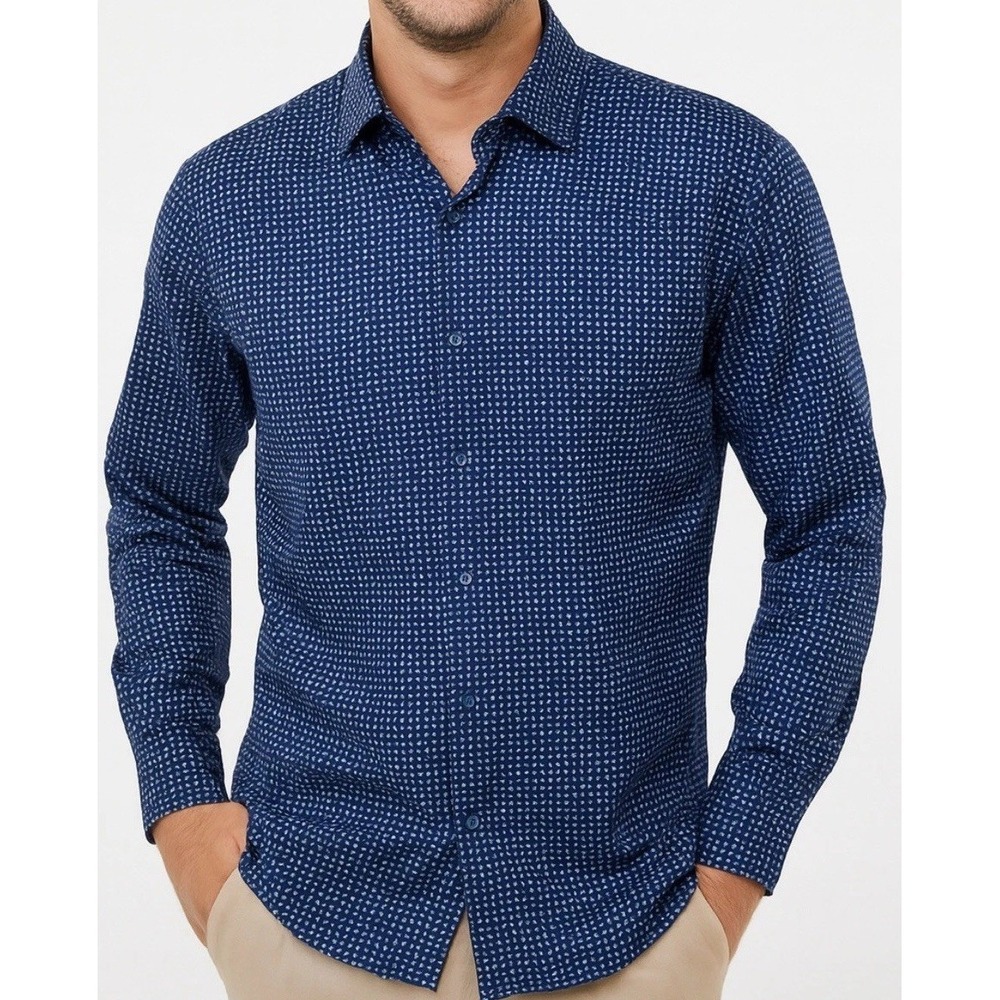 STENSTROMS Mens Sz19 Fitted Body Twofold Super Cotton Dark Blue Small Geometric